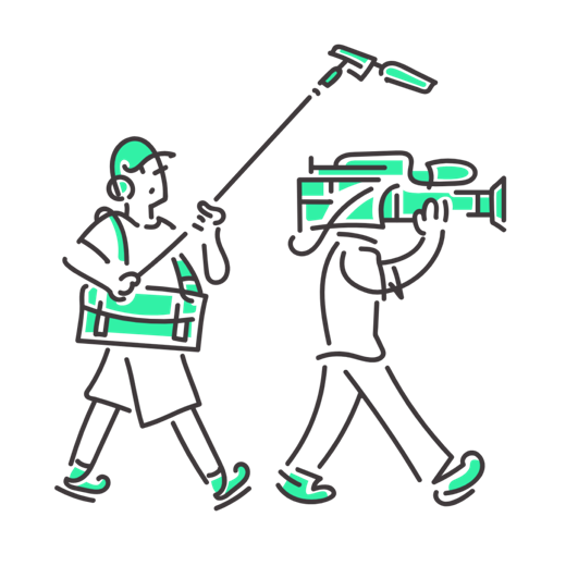 カメラと音声マイクを持って歩くロケスタッフのイラスト